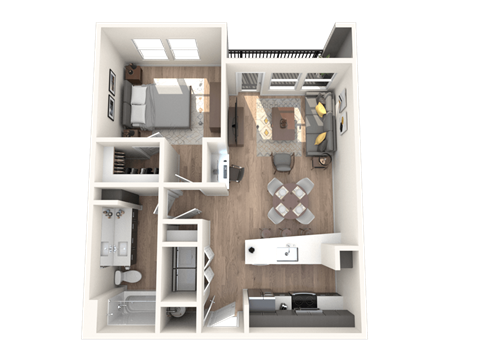Floor plan for 1 bed, 1 bath, 722 sqft